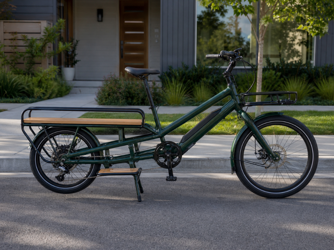 Long-Tail Cargo Bike with Running Boards and Dual Kickstand
